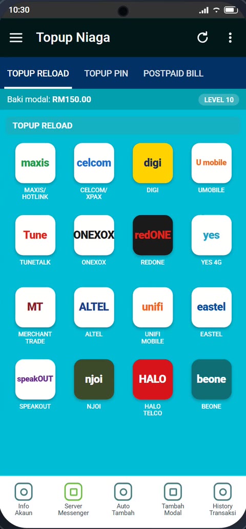 Skrin utama aplikasi Topup Niaga dengan senarai produk telco