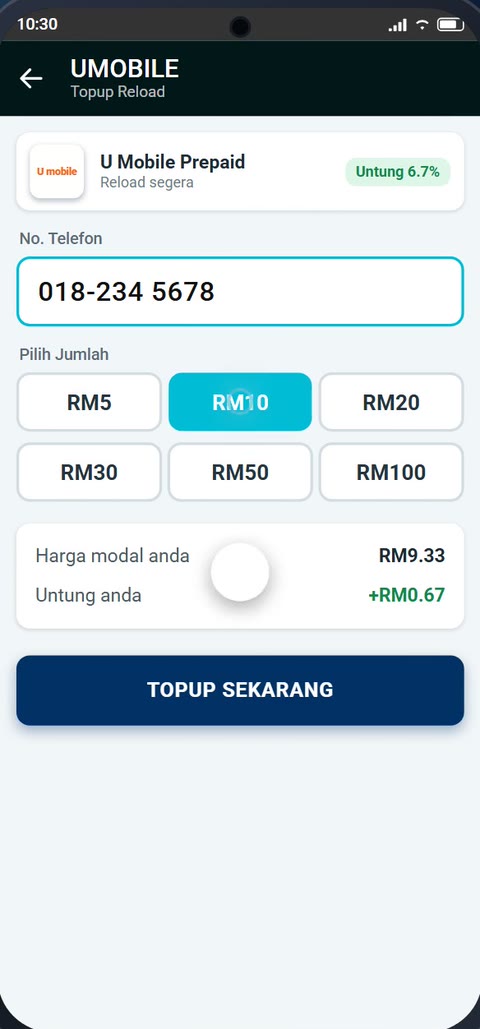 Skrin topup U Mobile RM10 menunjukkan harga modal RM9.33 dan untung RM0.67