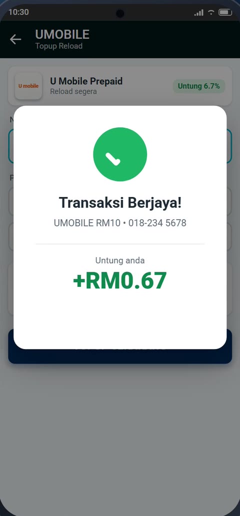 Transaksi berjaya dengan untung RM0.67